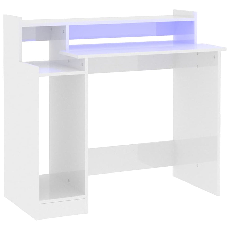Desk with LED Lights High Gloss White 97x45x90 cm