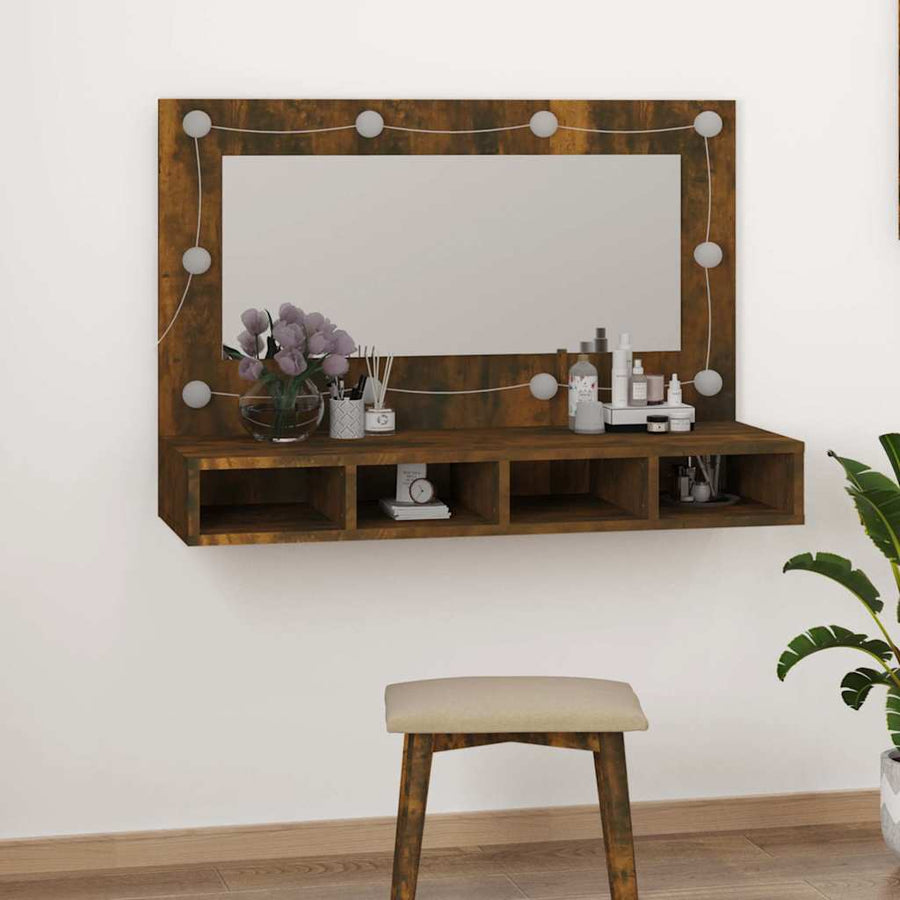 Mirror Cabinet with LED Smoked Oak 90x31.5x62 cm
