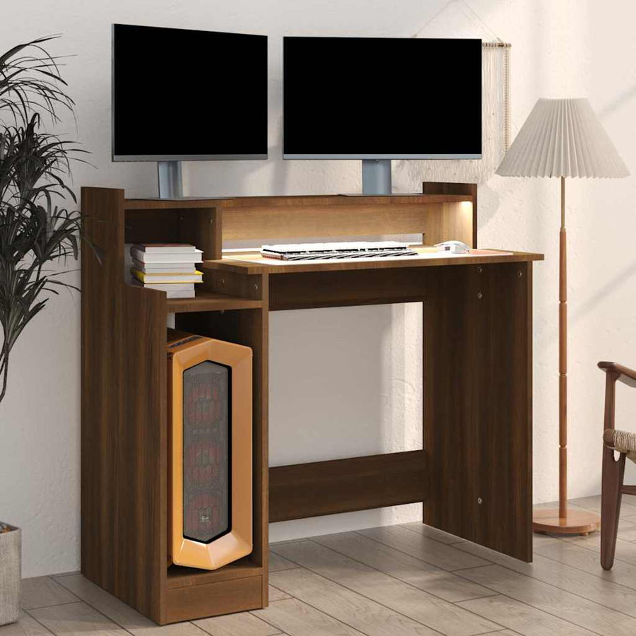 Desk with LED Lights Brown Oak 97x45x90 cm Engineered Wood