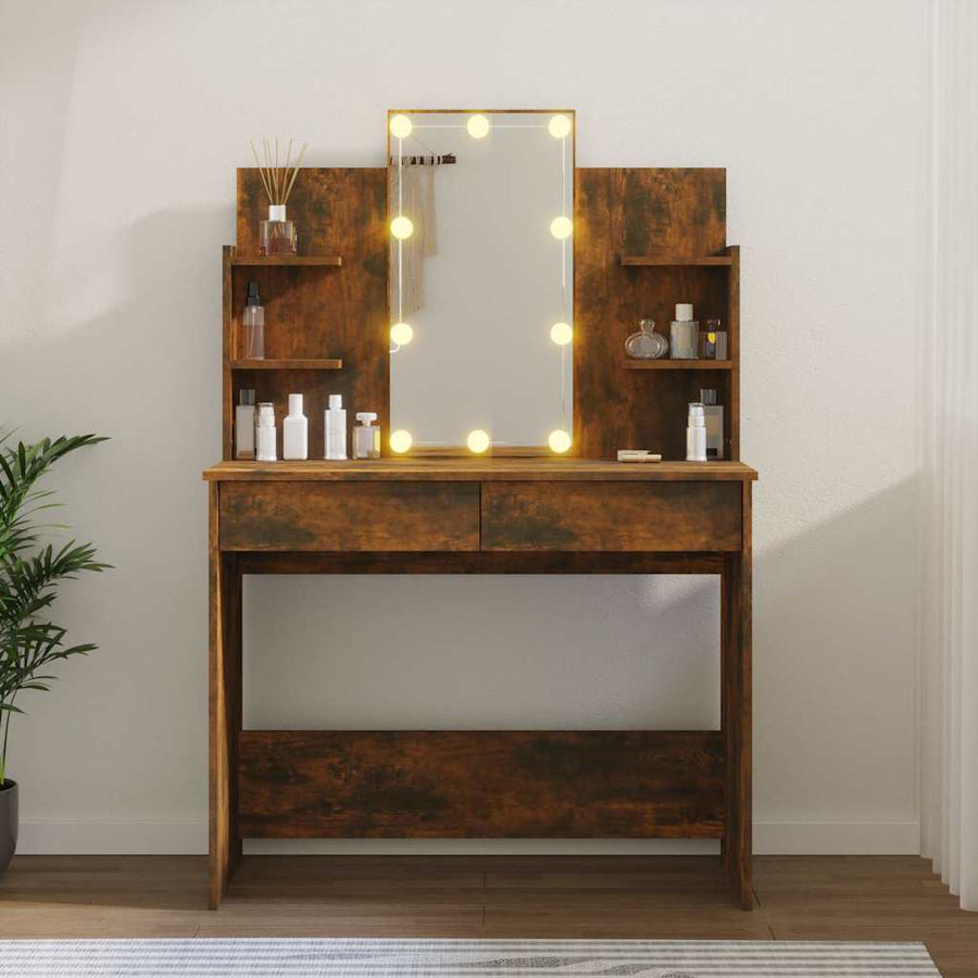 Dressing Table with LED Smoked Oak 96x40x142 cm