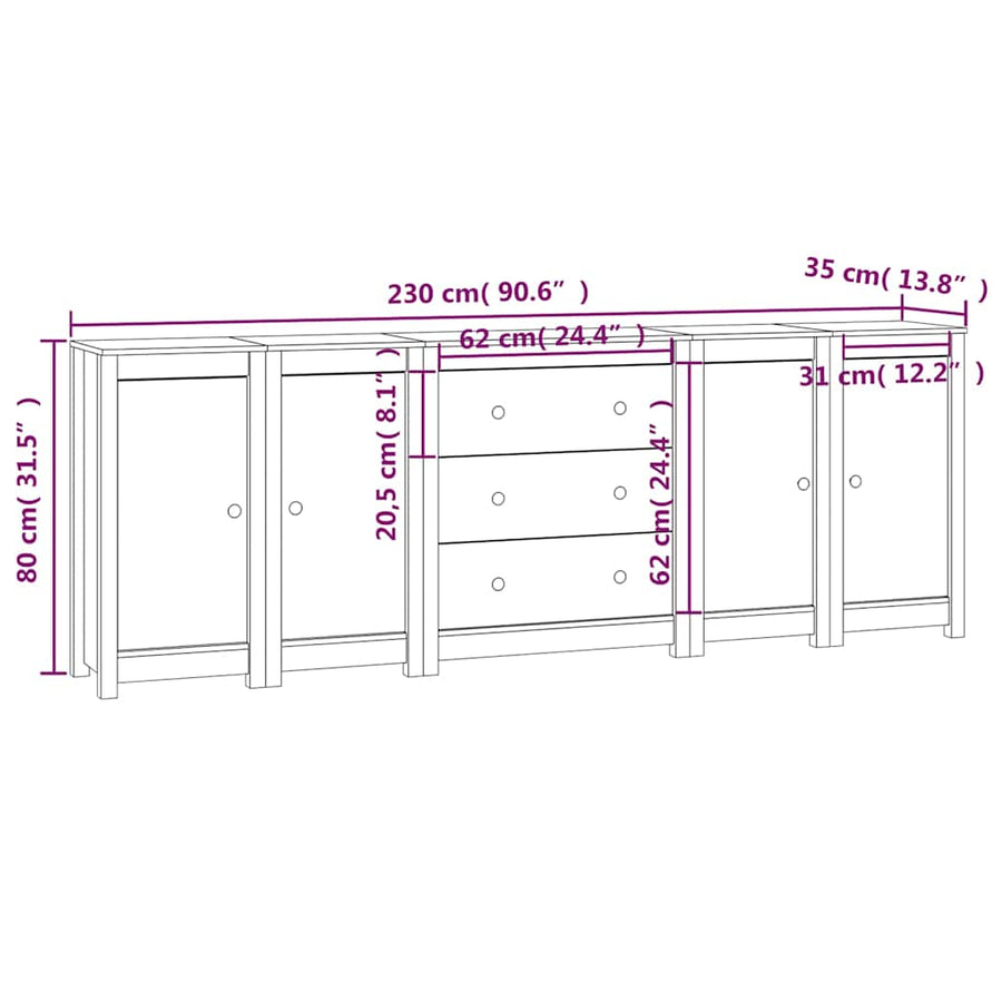 Sideboard Black 230x35x80 cm Solid Wood Pine