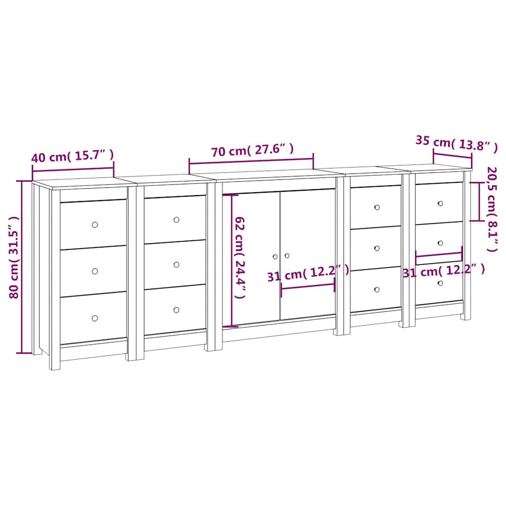 Sideboard White 230x35x80 cm Solid Wood Pine