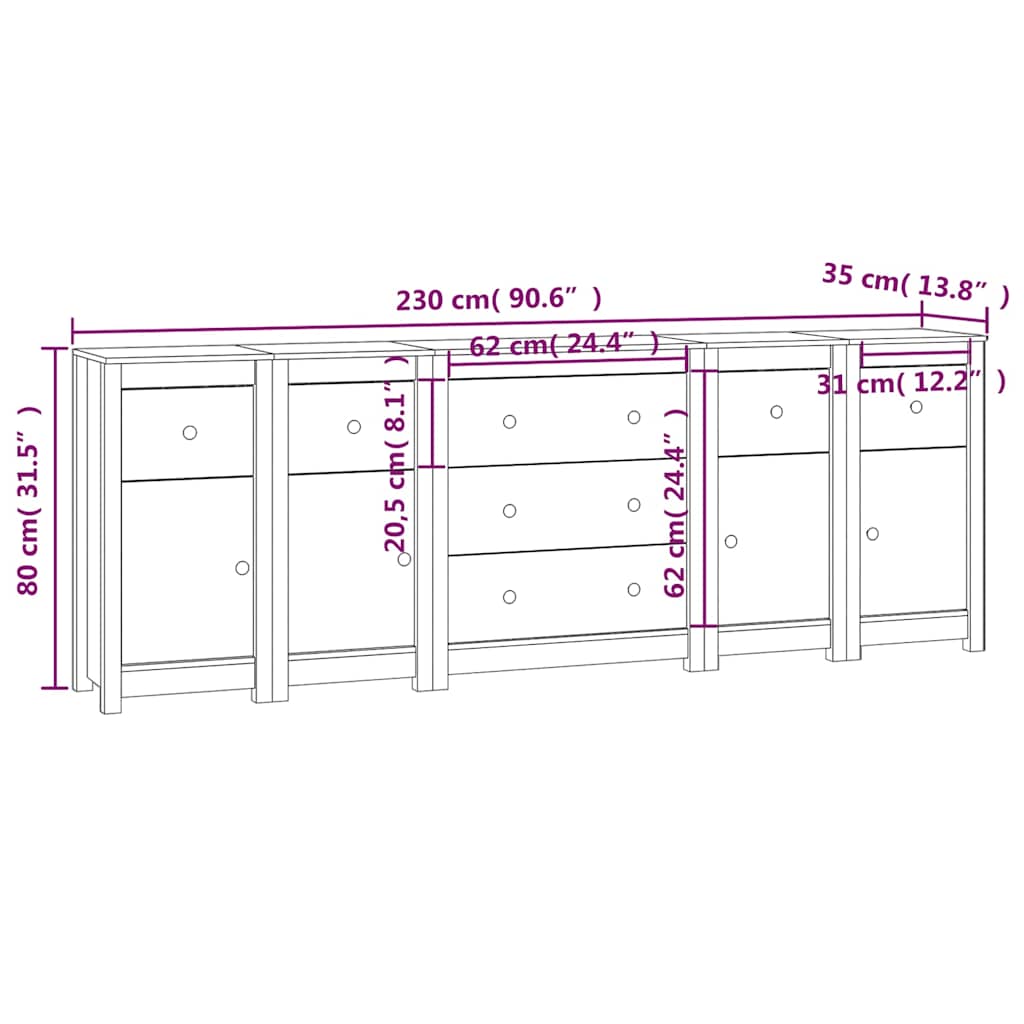 Sideboard Honey Brown 230x35x80 cm Solid Wood Pine
