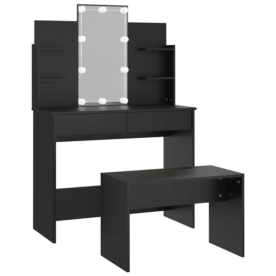 Dressing Table Set with LED Black Engineered Wood