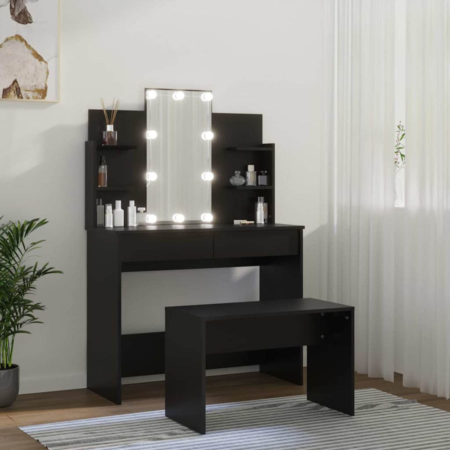 Dressing Table Set with LED Black Engineered Wood