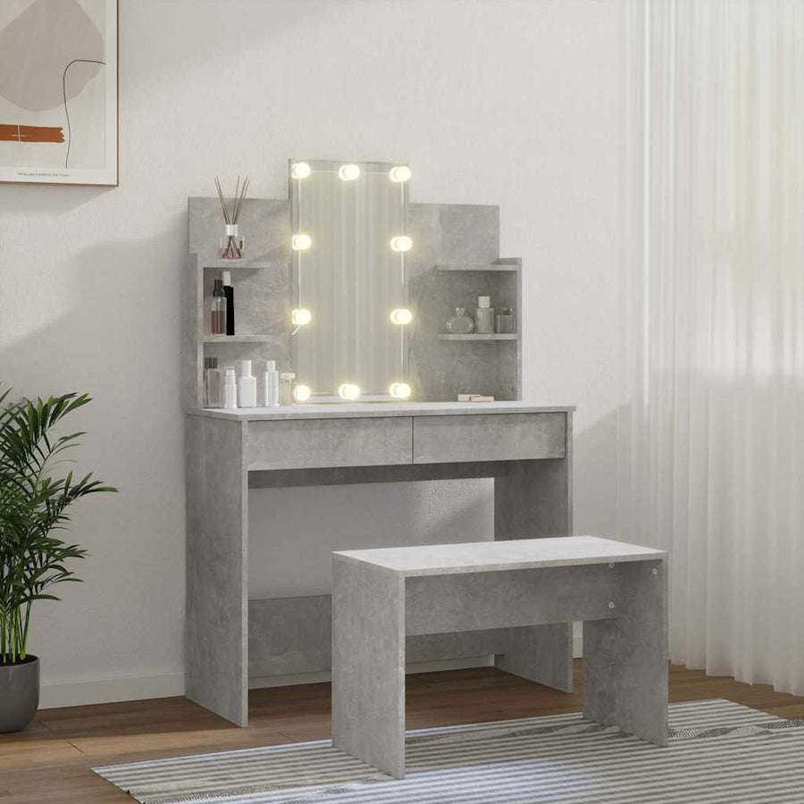 Dressing Table Set with LED Concrete Grey Engineered Wood