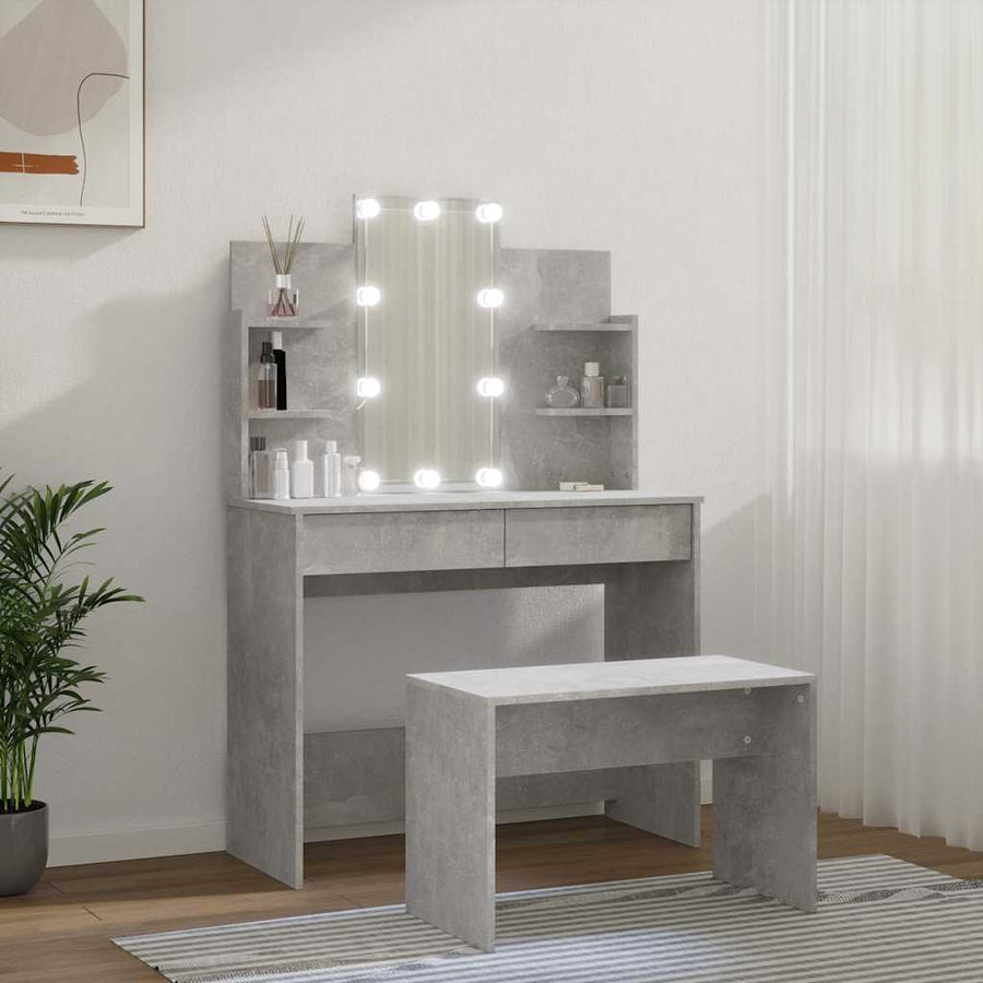 Dressing Table Set with LED Concrete Grey Engineered Wood