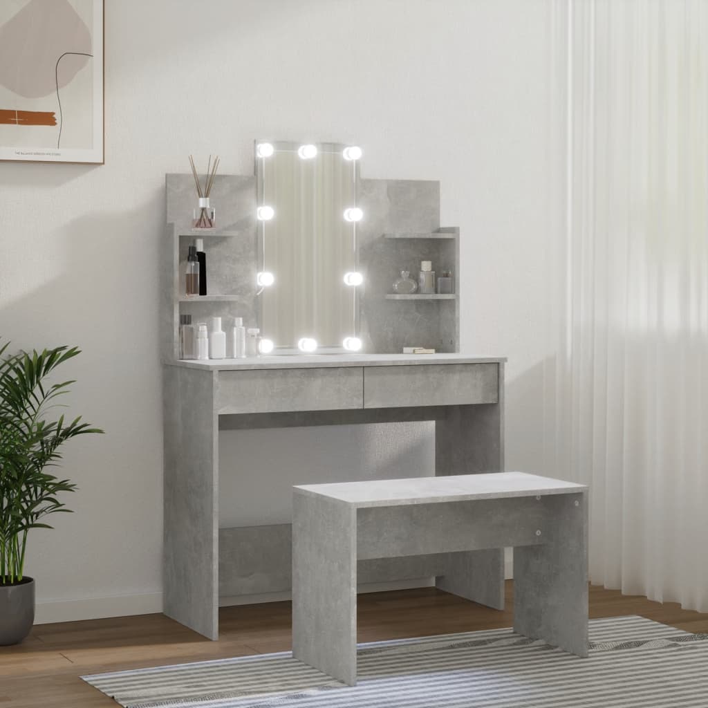 Dressing Table Set with LED Concrete Grey Engineered Wood