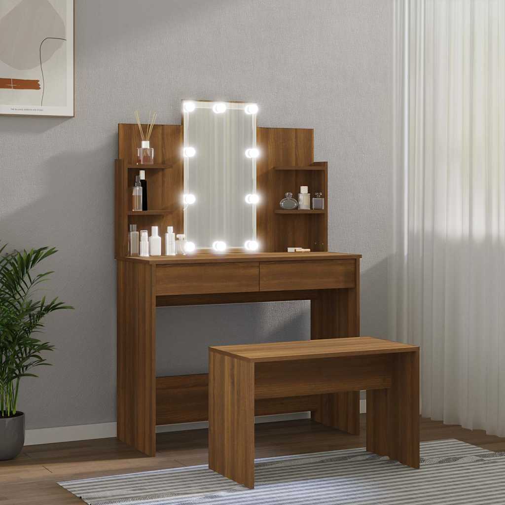 Dressing Table Set with LED Brown Oak Engineered Wood
