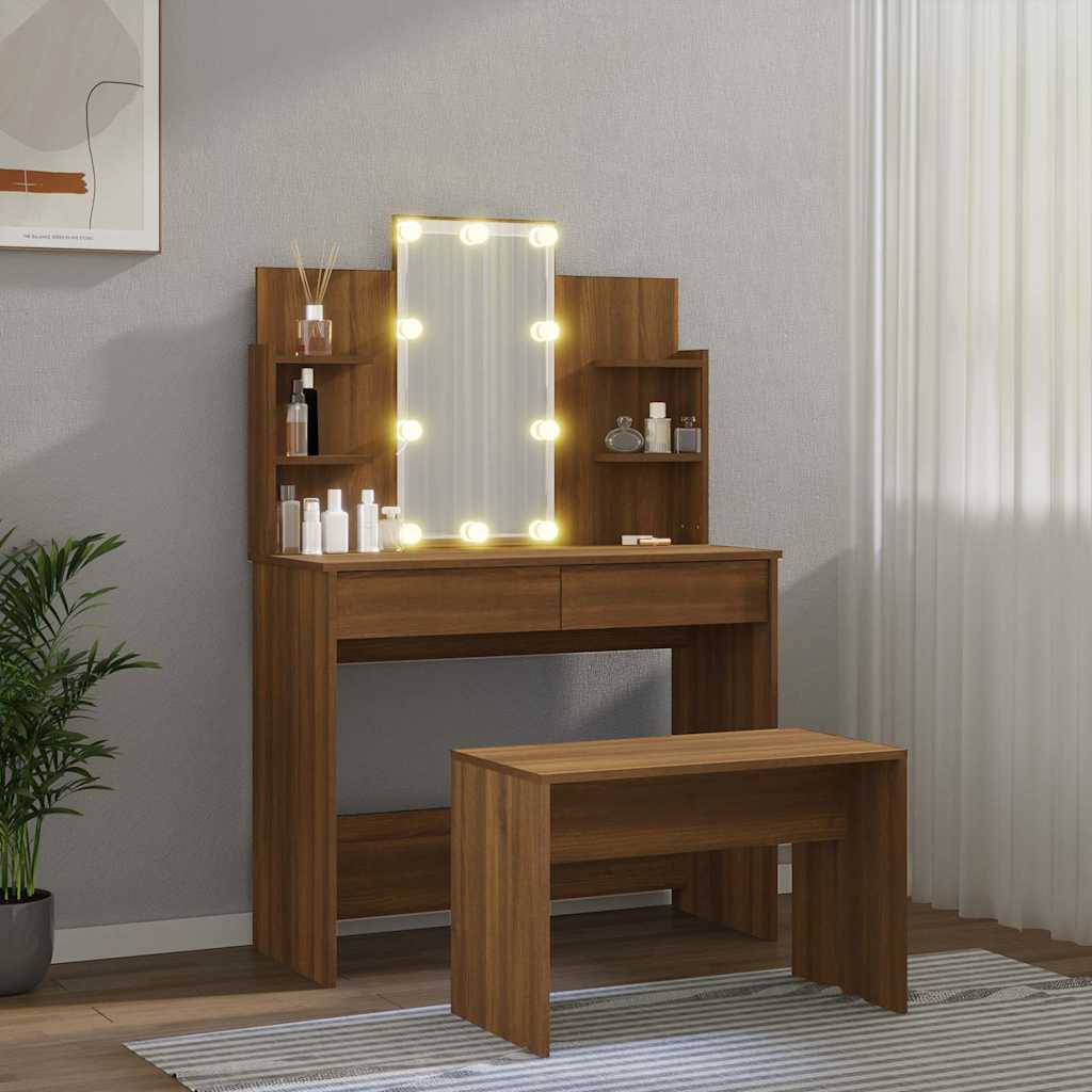 Dressing Table Set with LED Brown Oak Engineered Wood