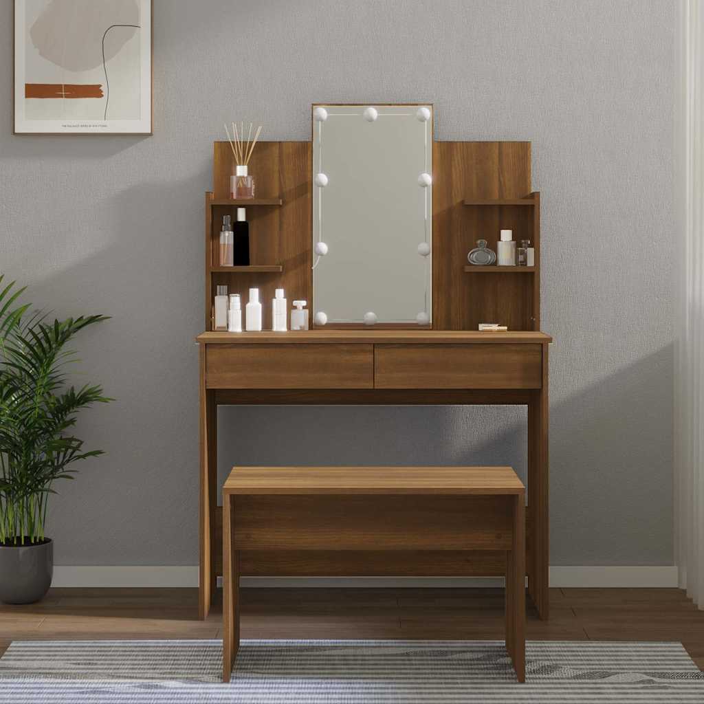Dressing Table Set with LED Brown Oak Engineered Wood