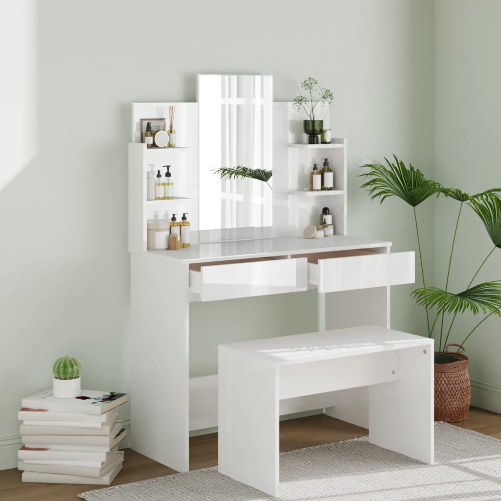Dressing Table Set High Gloss White 96x40x142 cm