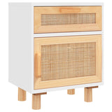 Bedside Cabinet White Solid Wood Pine and Natural Rattan - Front View