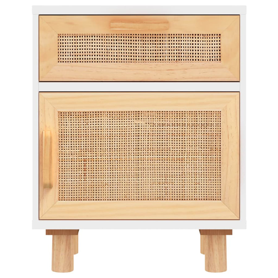 Bedside Cabinet White Solid Wood Pine and Natural Rattan