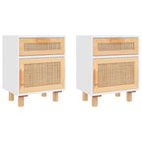 Bedside Cabinets 2 pcs White Solid Wood Pine and Natural Rattan - Front View