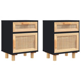 Bedside Cabinets 2 pcs Black Solid Wood Pine and Natural Rattan - Front View