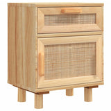 Bedside Cabinet Brown Solid Wood Pine and Natural Rattan - Front View
