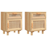 Bedside Cabinets 2 pcs Brown Solid Wood Pine and Natural Rattan - Front View