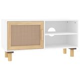 TV Cabinet White 80x30x40 cm Solid Wood Pine and Natural Rattan - Front View