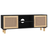 TV Cabinet Black 105x30x40 cm Solid Wood Pine&Natural Rattan - Front View