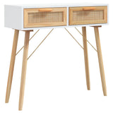 Console Table White 80x30x75 cm Solid Wood Pine&Natural Rattan - Front View
