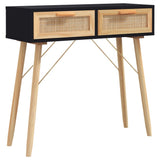 Console Table Black 80x30x75 cm Solid Wood Pine&Natural Rattan - Front View