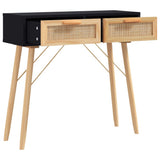 Console Table Black 80x30x75 cm Solid Wood Pine&Natural Rattan - Side View