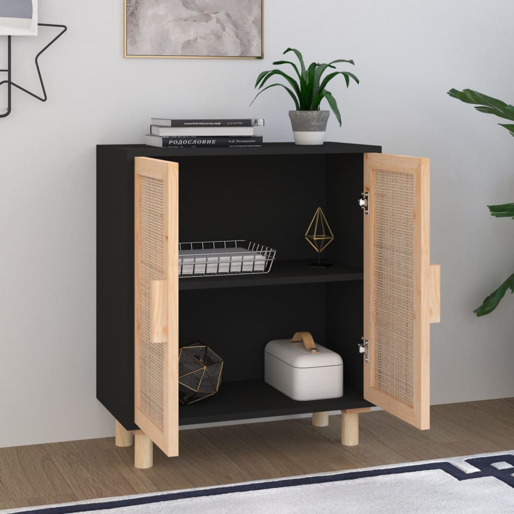 Sideboard Black 60x30x70 cm Solid Wood Pine and Natural Rattan
