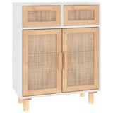 Sideboard White 60x30x75 cm Solid Wood Pine and Natural Rattan - Front View