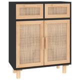 Sideboard Black 60x30x75 cm Solid Wood Pine and Natural Rattan - Front View