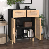 Sideboard Black 60x30x75 cm Solid Wood Pine and Natural Rattan - Side View