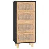 Sideboard Black 40x30x90 cm Solid Wood Pine and Natural Rattan - Front View