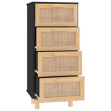 Sideboard Black 40x30x90 cm Solid Wood Pine and Natural Rattan - 45-Degree Angle