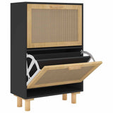 Shoe Cabinet Black 52x25x80 cm Engineered Wood and Natural Rattan - Front View