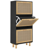 Shoe Cabinet Black 52x25x115 cm Engineered Wood and Natural Rattan - Front View