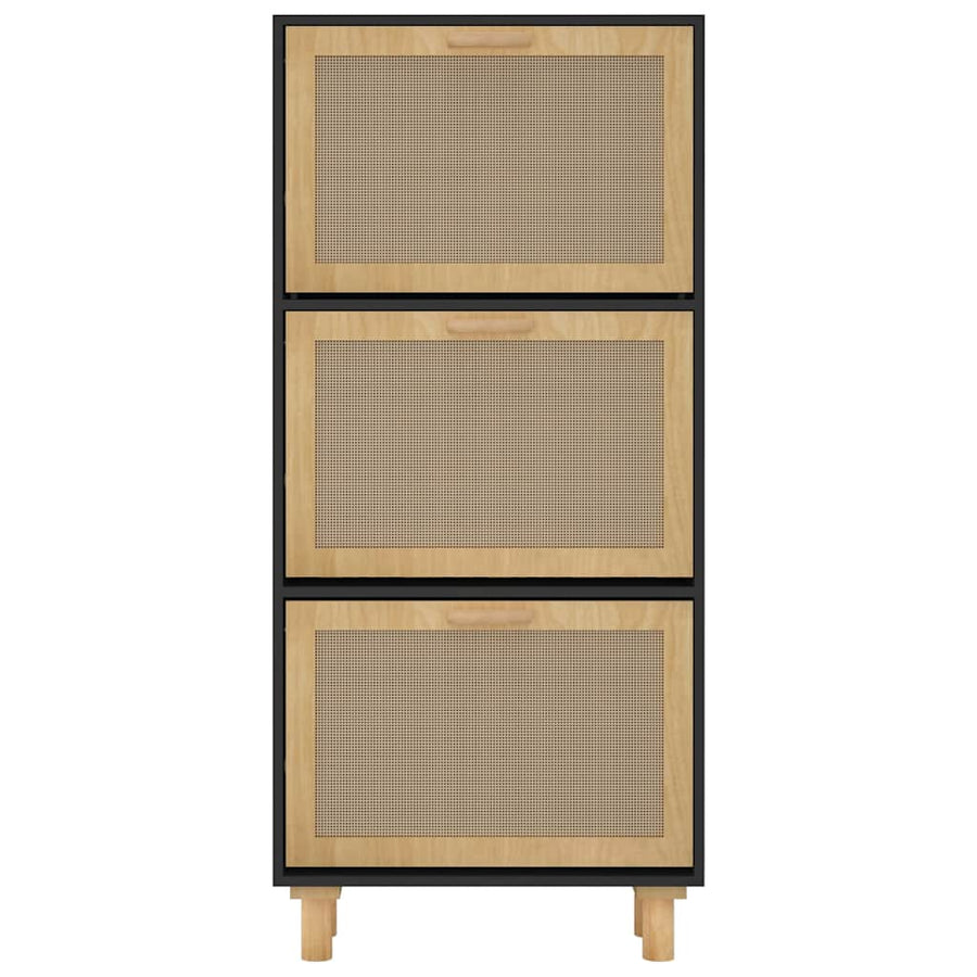 Shoe Cabinet Black 52x25x115 cm Engineered Wood and Natural Rattan