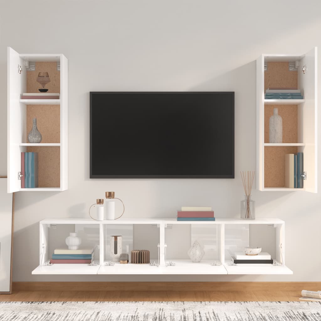4 Piece TV Cabinet Set High Gloss White Engineered Wood