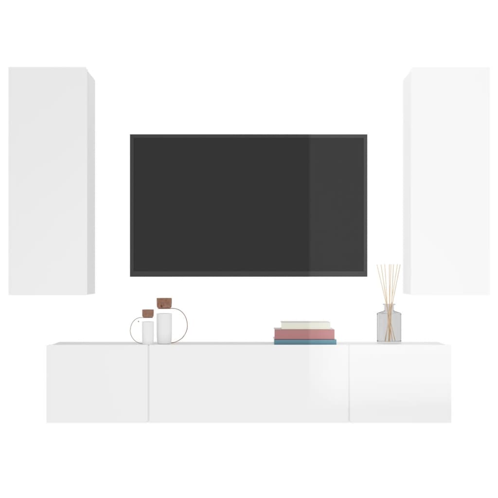 4 Piece TV Cabinet Set High Gloss White Engineered Wood