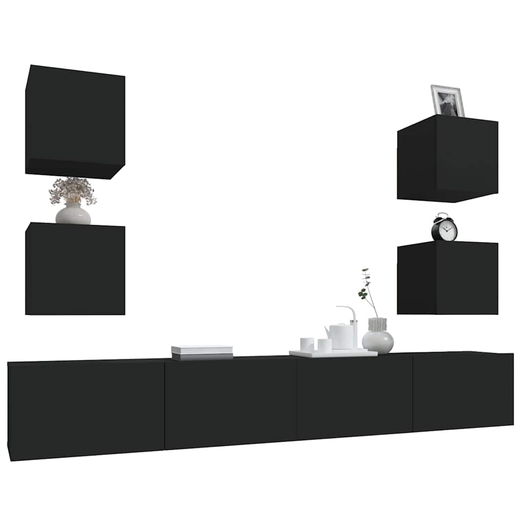 6 Piece TV Cabinet Set Black Engineered Wood