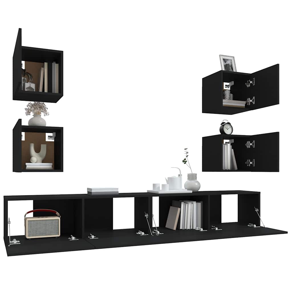 6 Piece TV Cabinet Set Black Engineered Wood