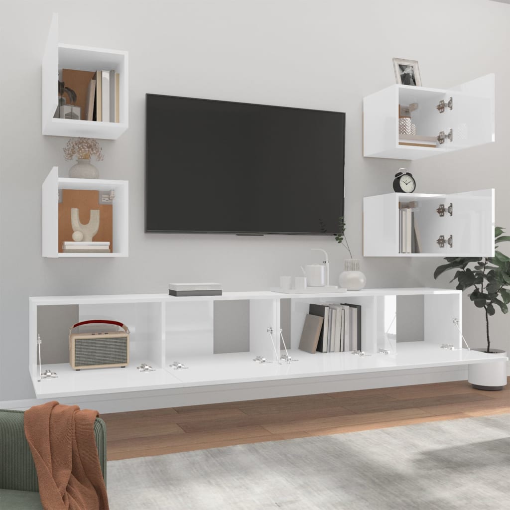 6 Piece TV Cabinet Set High Gloss White Engineered Wood