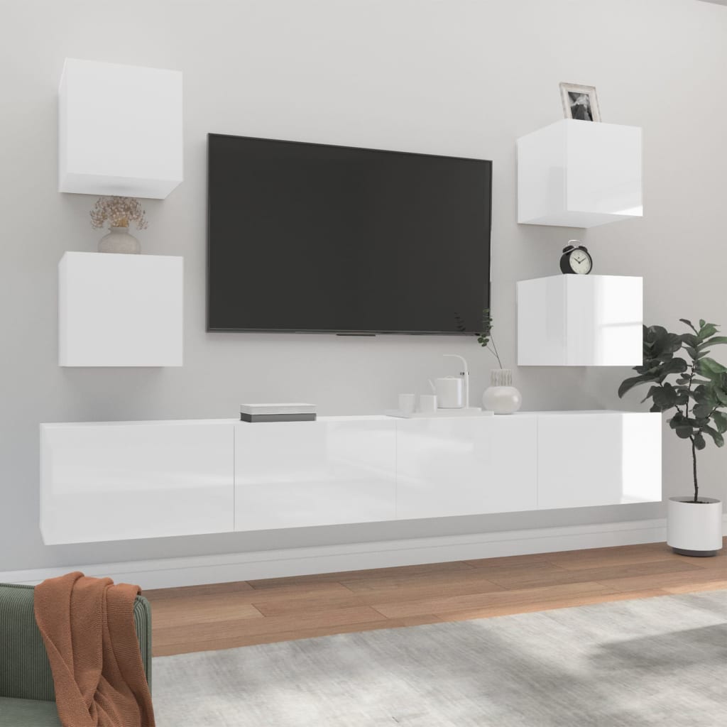 6 Piece TV Cabinet Set High Gloss White Engineered Wood