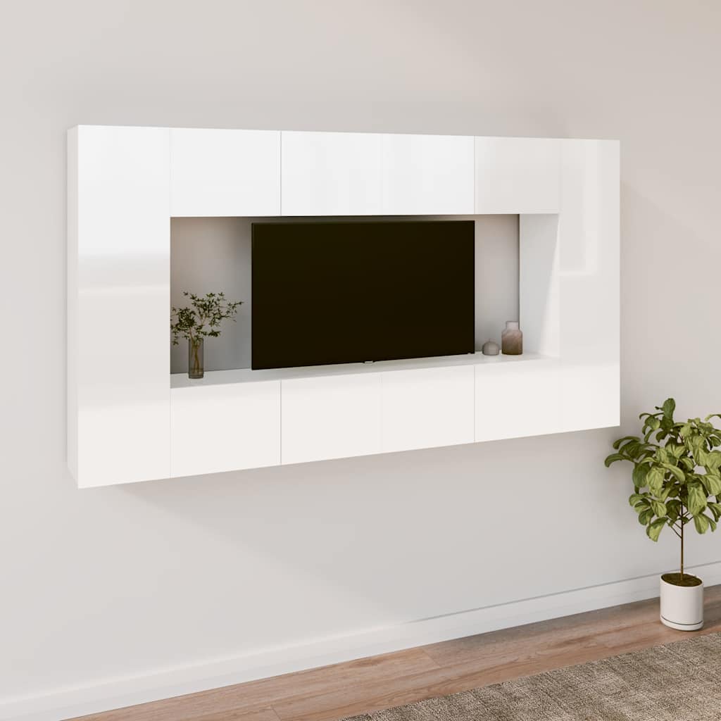 8 Piece TV Cabinet Set High Gloss White Engineered Wood