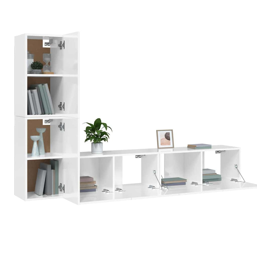 4 Piece TV Cabinet Set High Gloss White Engineered Wood
