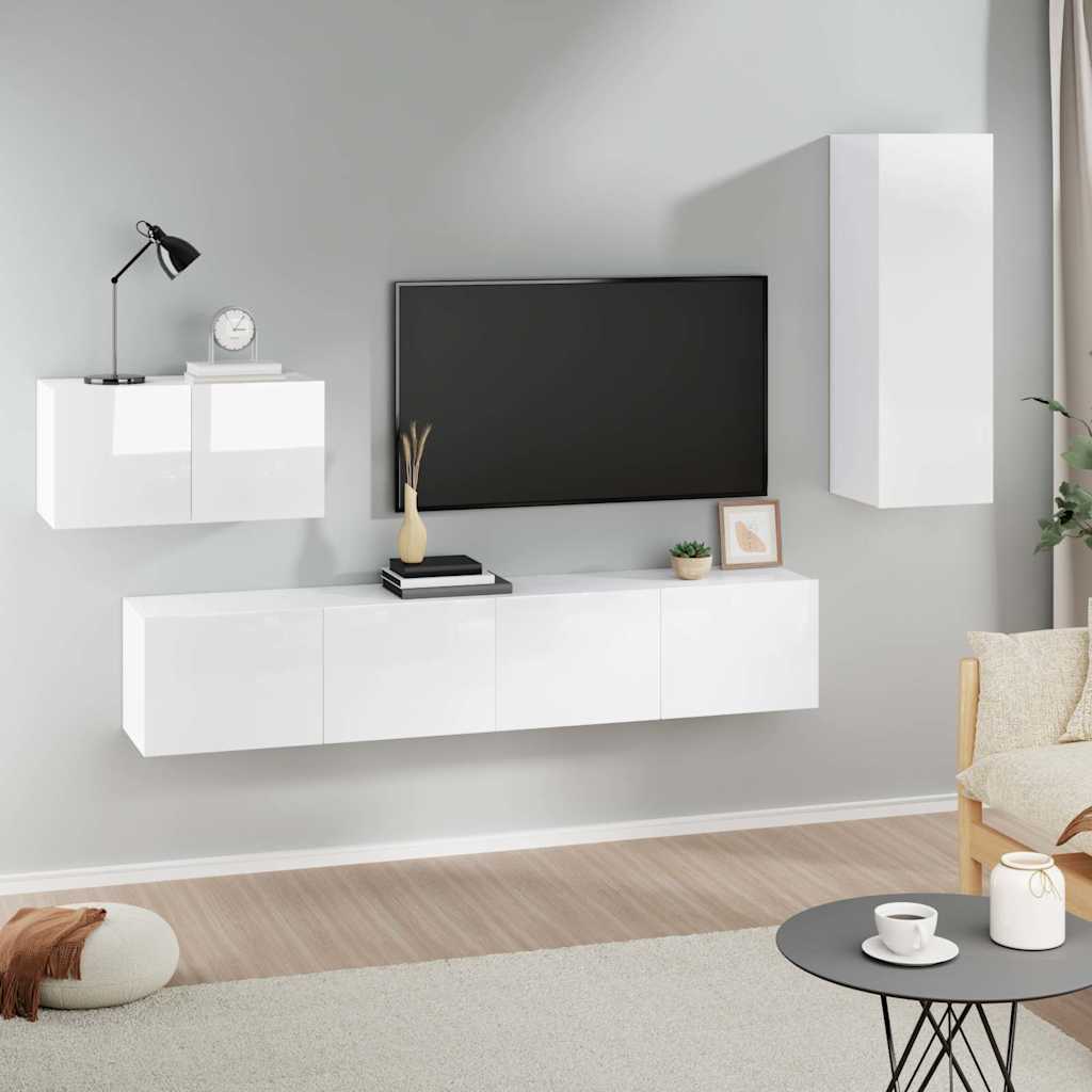 4 Piece TV Cabinet Set High Gloss White Engineered Wood