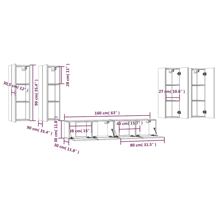 6 Piece TV Cabinet Set White Engineered Wood