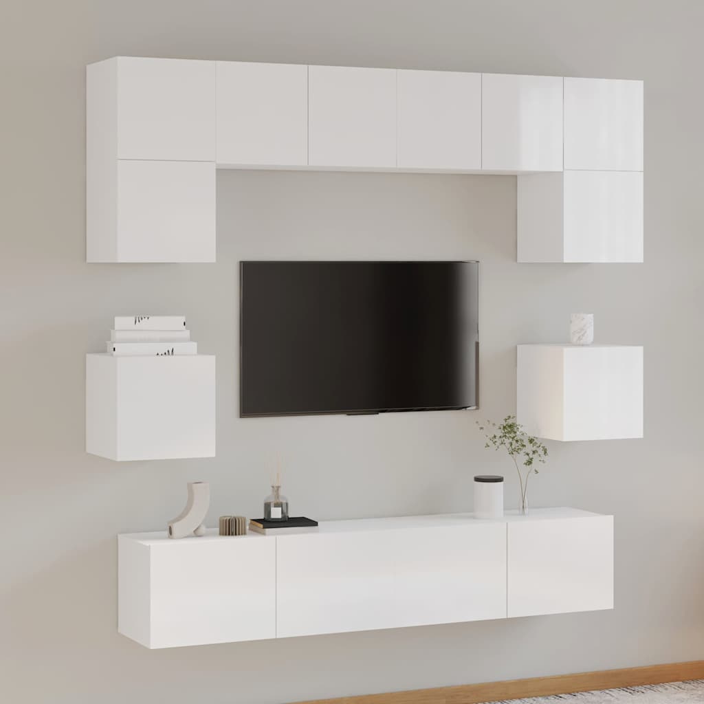 8 Piece TV Cabinet Set High Gloss White Engineered Wood