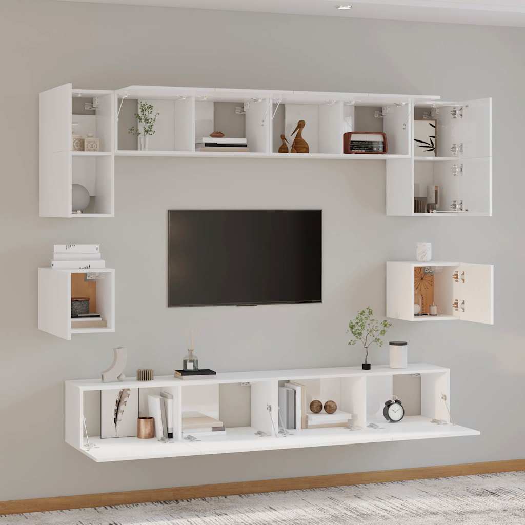8 Piece TV Cabinet Set High Gloss White Engineered Wood
