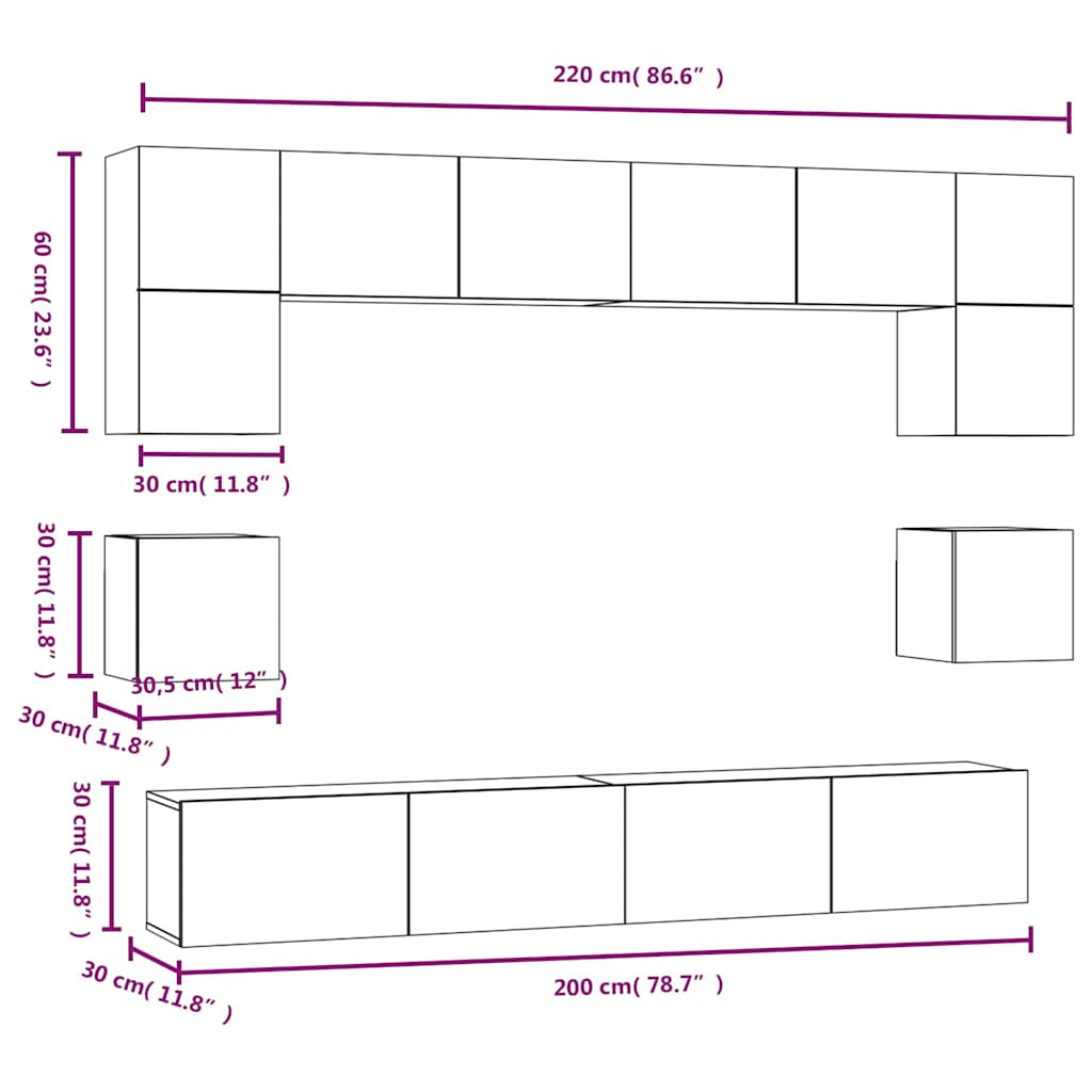 8 Piece TV Cabinet Set High Gloss White Engineered Wood