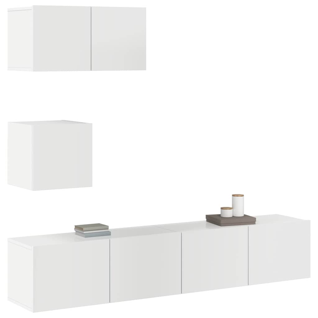 4 Piece TV Cabinet Set High Gloss White Engineered Wood